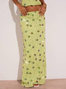 SHEIN BAE Lime Green Beaded Floral Long Skirt & Backless Tie-Up Beach Vest,Summer Seductive Night Out Bohemian Solid Color Set For Bridal Party,Tea Party Woman - Green - View 5