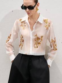 Aveloria Modichic Sequin Embroidered Sheer Long Sleeve Blouse, Summer - White - View 6