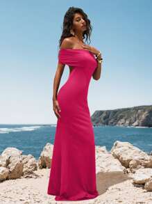 Opulessa Rochie cu umeri goi și spate deschis, mulată din tricot, perfectă pentru vacanță, plajă, petrecere, eveniment formal, ținute de primăvară/vară - Roz fierbinte - Vizualizare 7