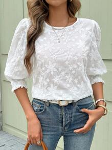 SHEIN Clasi Women's Round Neck 3/4 Sleeve Embroidered White Cotton Casual Shirt For Spring/Summer - White - View 5