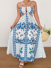 Flirla Bohemian Print Hollow Out Spaghetti Strap Long Summer Vacation Beach Dress