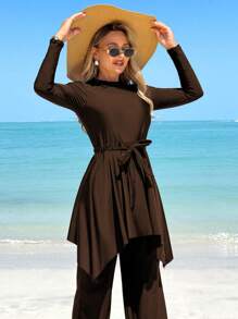 Swim Mulvari 2 pièces Ensemble de maillot de bain modeste pour femmes de couleur noire, Top à manches longues avec protection solaire col rond et bas avec taille nouée, pantalon long, convient pour les vacances