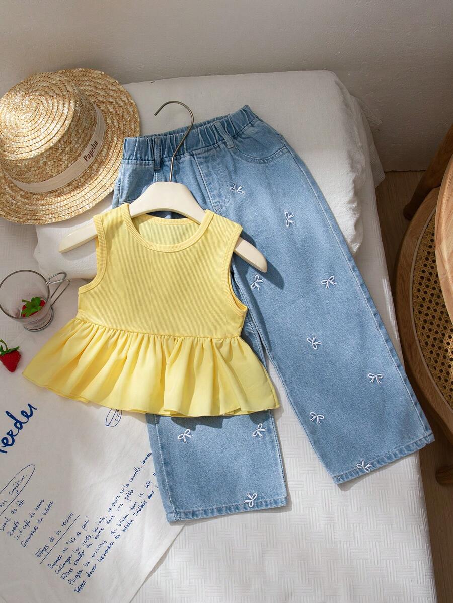 Genkimix Kids Bộ 2 món cho bé gái: Áo tank top không tay gân và quần jean dài ống rộng thêu nơ, trang phục mùa hè phong cách Hàn Quốc cho kỳ nghỉ hè. - Màu vàng - Xem 1