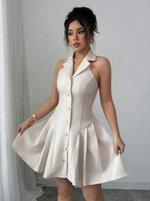 Elenzga Abito elegante romantico da donna con colletto, vita incintante e linea ad A, adatto per l'ufficio - Albicocca - Visualizzare 1