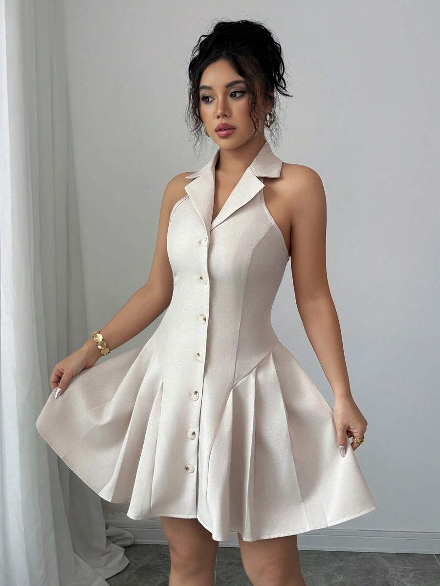 Elenzga Abito elegante romantico da donna con colletto, vita incintante e linea ad A, adatto per l'ufficio - Albicocca - Visualizzare 1