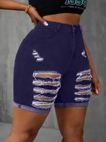 Slaydiva Plus Size Women Distressed Skinny Denim Cycling Pants - Purple - View 6