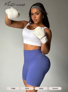 Rhythm Era Plus Size Women Solid Color Elastic Waist Seamless Sport Shorts, Summer - Purple - View 1