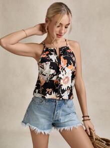 SHEIN LUNE Floral Print Notch Neck Fitted Women Tank Top, Spring/Summer - Black - View 4
