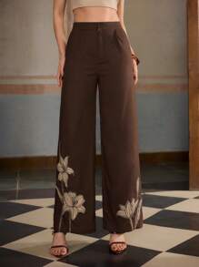 ZEYLAH Women's Floral Patched Embroidery Linen Wide Leg Pants