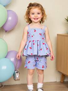 SHEIN Vintaside Kids 2 pezzi / Set Abiti per Bambina Stile Vacanze Primaverili ed Estive con Stampa Ciliegia e a Quadri, Top Slip e Pantaloncini