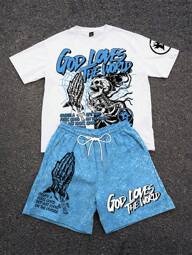 Manfinity Streetrush Men's Summer Skull & Letter Print Crew Neck Short Sleeve T-Shirt And Drawstring Waist Shorts Set Men's 2 Pieces Outfits Short Set Men Two Pieces Short Sets
