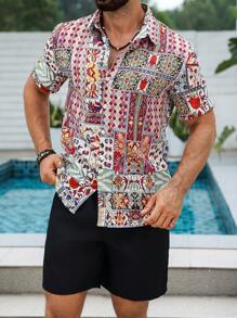 Manfinity RSRT Men Casual Outfit (Asymmetrical Pattern) - Short Sleeve Shirt & Shorts, Fashion Summer Wear Vintage Tees Men Men Clothing Men Shirts - Multicolor - View 3