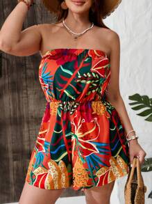 SHEIN VCAY Plus Size Leaf Print Bandeau Jumpsuit, Summer