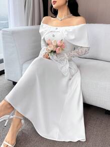 Feyla 女式露肩拼接蕾丝喇叭袖连衣裙，优雅夏日 - 白色 - 查看 7
