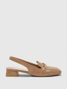 CUCCOO BIZCHIC 女士时尚链条带粗跟方头露跟浅口鞋，适合通勤、约会、派对、节日和度假 - 杏色 - 查看 9