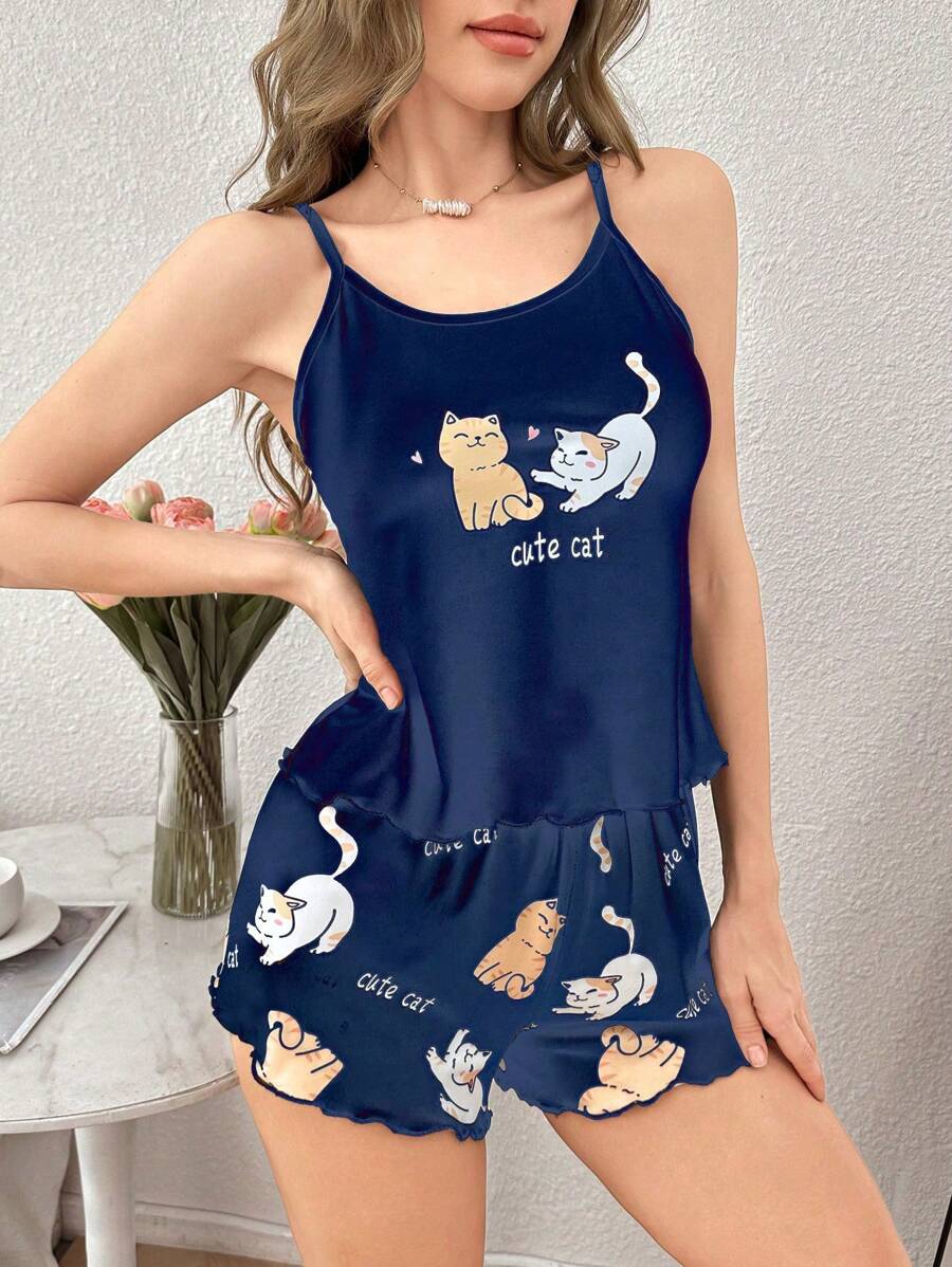 Cute Cat Print Ruffle Trim Camisole And Shorts Sleepwear Set - Multicolor - View 1