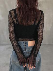 FRIFUL Women's Fitted Lace Blouse, Round Neck Long Sleeve Sheer Textural Fabric, Casual Versatile For Holidays, Beach - Black - View 5