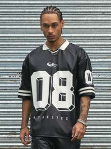 AXEPEAK 街头风格宽松数字印花短袖男士平纹 Polo 衫，休闲日常穿着，学校，街头服饰 - 黑色 - 查看 1