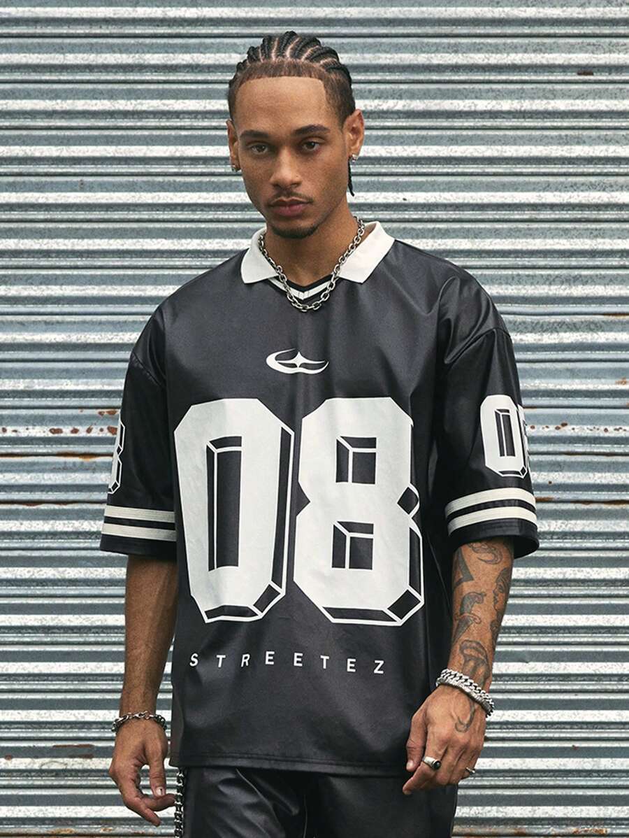 AXEPEAK 街头风格宽松数字印花短袖男士平纹 Polo 衫，休闲日常穿着，学校，街头服饰 - 黑色 - 查看 1