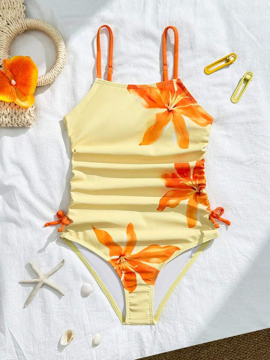 SHEIN 女童蝴蝶结花卉印花分体泳衣，可调节肩带，甜美优雅，适合度假、海滩、泳池、冲浪 - 彩色 - 查看 1
