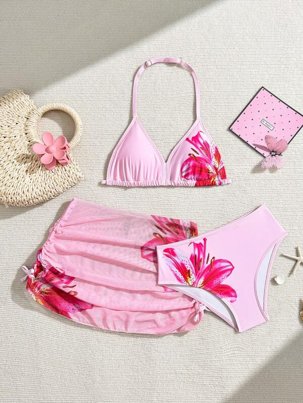 Tween Girl 3 Pieces Floral Print Triangle Halter Neck Bikini Set With Drawstring Beach Skirt, Suitable For Vacation, Retro, Beach, Ocean, Elegance, Cute