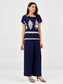Miaspire Two Pieces Summer Set Bohemian-Style Printed Top & Casual Solid Color Pants Set, Suitable For Beach Vacations