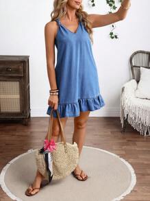 Breezaya Women Solid Color Ruffle Hem Summer Wide Shoulder Tie Front Sleeveless Denim Dress - Blue - View 4