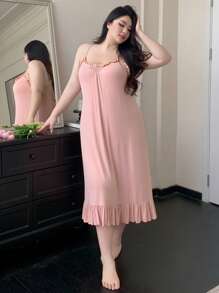 Dazy Plus Plus Size Solid Color Patchwork Ruffle Hem Slip Dress For Home & Sleep, Back To School Clothes - Pink - View 2