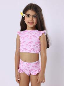 SUMWON 爱心图案印花两件式泳衣，荷叶边袖露脐上衣，高腰泳裤，夏季沙滩泳池度假儿童泳装休闲款 - 粉色 - 查看 3