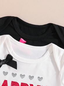 Baby Girls 2pcs/Set Black Knit Bodysuit, Front Print Design For Casual Or Party Occasions - Black and White - View 7