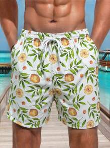 Summer Beach Vacation Random Print Men's Yellow Base Short Beach Shorts - Yellow - View 7