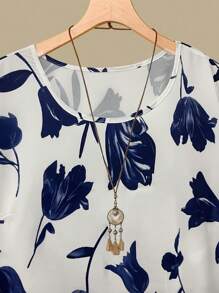 Linhara Plus Size Women Floral Print Top & Elastic Waist Asymmetrical Patchwork Hem Pants 2 Pieces Sets, Summer