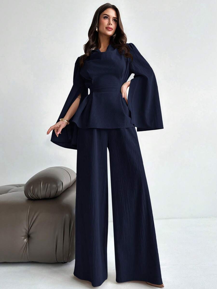 Firerie 2 件套女式系带长袖衬衫上衣和美人鱼下摆裙套装，开衩长袖衬衫 + 美人鱼长裙套装，优雅/通勤/休闲/商务/度假/职业装 - 藏蓝色 - 查看 1