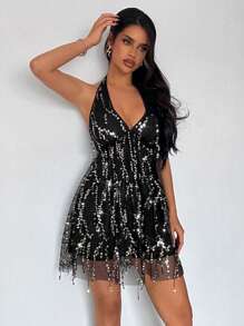 Firerie Vestido mini de verano con cuello en V, sin mangas y espalda descubierta, de lentejuelas negras, sencillo y elegante para fiesta, festival de música o cóctel