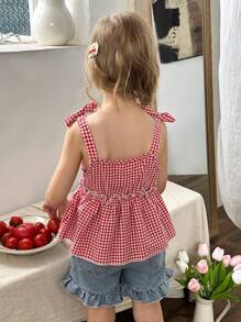 SHEIN 2 件套女童休闲可爱红色格子吊带蝴蝶结上衣和水洗蓝色牛仔短裤套装 - 紅色 - 查看 2