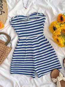 SHEIN Teen Girls Vacation Striped Knit Blue White Knitted Crinkled Fabric Tube Top Halter Neck Bow Jumpsuit, & Suitable For Party, Valentine's Day, Wear As Innerwear Or Outerwear - Blue and White - View 2