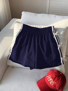 Comfortcana Navy Blue Casual Women's Shorts With Side White Stripe And Bow Detail, Summer,Flowy Shorts
