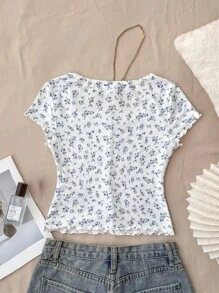 SHEIN 少女甜美碎花白色针织短款T恤，适合春夏季午餐、外出、干净女孩风格、日常家居服 - 白色 - 查看 2