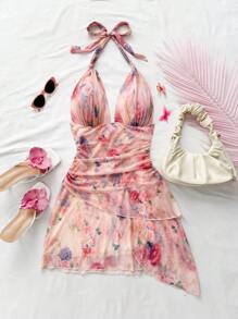 Soleia Váy ngắn lãng mạn cổ chữ V thắt nơ hoa hồng nhuộm loang bất đối xứng cho nữ, kỳ nghỉ - Nhiều màu - Xem 6