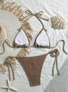 Swim Vcay 女士夏季纯色提花细肩带性感比基尼套装