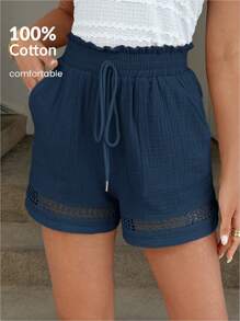 Easowa Shorts cáqui femininos, patchwork de algodão, cintura elástica, primavera/verão, shorts de cintura alta.