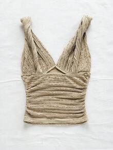 Soleia Women's Vacation Knit White Textured V-Neck, Twisted Shoulder Strap, Ruched Waist Fitted Fashionable Slimming Camisole, For Party, Date, Valentine's Day - Apricot - View 2