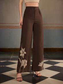 ZEYLAH Women's Floral Patched Embroidery Linen Wide Leg Pants