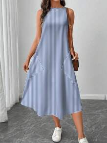 SHEIN LUNE Vestido de media longitud estampado con rayas azules y blancas, casual, adecuado para primavera y verano - Multicolor - Ver 4