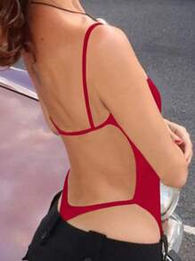 INAWLY Women's Summer Vacation Beach Solid Color Backless Spaghetti Strap Bodysuit - Red - View 2