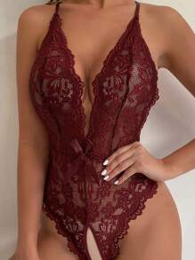 Seduluxe 1pc Bow Decor Lace Wireless Crotchless Sexy Bodysuits