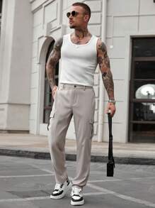 Manfinity Homme 男士休闲简约工装裤 - 卡其色 - 查看 3