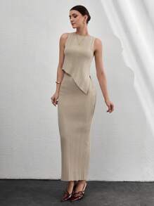 CLARA VERO Áo len dệt kim cổ tròn không tay mềm mại cho nữ và váy len dệt kim ôm sát midi 2 món phối hợp thanh lịch - Màu be - Xem 5