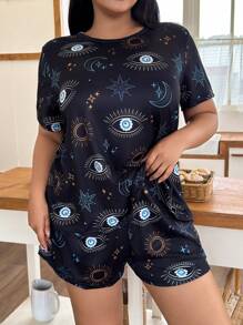 Conjunto de pijama de manga corta con cuello redondo y pantalón corto con estampado divertido, talla grande