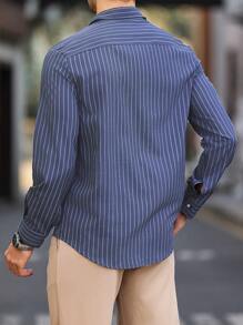 Calvornis 男士翻领条纹长袖衬衫，成熟休闲上衣，男士礼物，商务休闲漂亮衬衫，秋季 - 寶藍色 - 查看 2